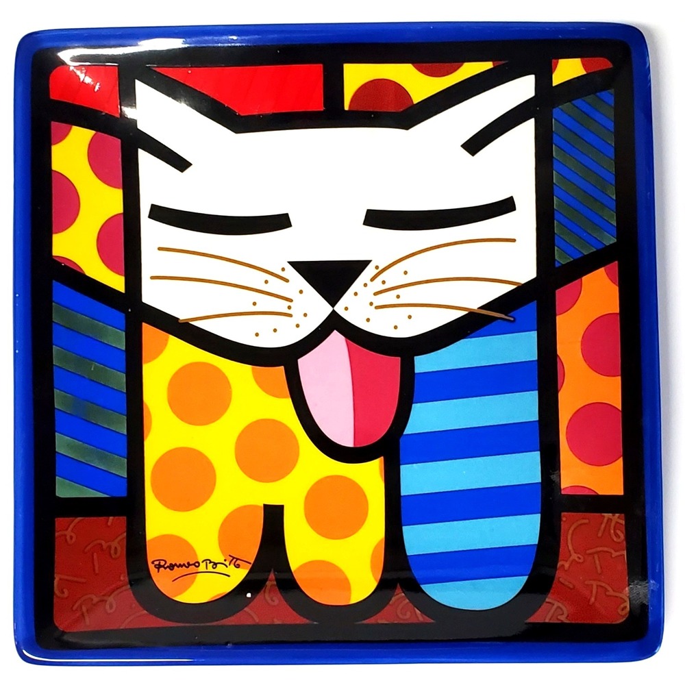 Romero Britto Bold Multicolored Ceramic Plate Happy Cat 8"x8" Crackle Glaze 2008 - Picture 3 of 9